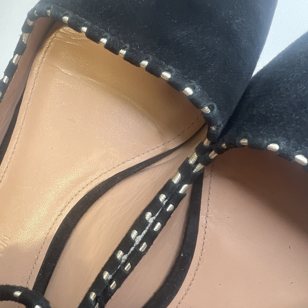 Belle Sigerson Morrison Black suede Flat Ballerina ANKLE Strap Gold Trim Sz 10 - Picture 10 of 13